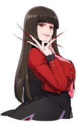 1girl black_hair blazer blunt_bangs blunt_ends breasts buttons collared_shirt fingernails ganno hime_cut jacket large_breasts long_fingernails long_hair looking_at_viewer lucifer_(umineko) necktie open_clothes open_jacket pink_necktie red_eyes red_nails red_vest sharp_fingernails shirt showgirl_skirt simple_background smile solo stakes_of_purgatory straight_hair umineko_no_naku_koro_ni upper_body very_long_fingernails vest white_background