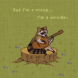 blue_flower canvas_texture english_text flower grass guitar hashtag-only_commentary highres instrument music no_humans on_tree_stump onlypixeeels original outdoors pixel_art playing_guitar playing_instrument raccoon scenery tree tree_stump