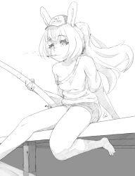 Rule 34 | 1girl, absurdres, animal ears, arm support, barefoot, cigarette, closed mouth, commentary, crossed bangs, english commentary, expressionless, eyelashes, fishing, fishing rod, floating hair, foot out of frame, greyscale, highres, holding, holding fishing rod, long hair, monochrome, off-shoulder shirt, off shoulder, ozornayashoujo, phase connect, pier, pipkin pippa, ponytail, rabbit ears, rabbit girl, reflection, shirt, short shorts, short sleeves, shorts, sidelocks, sitting, sketch, smoke, smoking, solo, virtual youtuber, waving legs