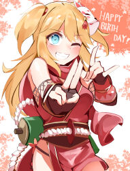 1girl absurdres bare_shoulders black_gloves blonde_hair blue_eyes blush breasts commentary_request fingerless_gloves fox_mask fox_shadow_puppet gloves grin happy_birthday highres japanese_clothes kimono long_hair looking_at_viewer mask mask_on_head medium_breasts ninon_(princess_connect!) obi pink_kimono princess_connect! sash shi_(kamokamo910) smile solo two_side_up very_long_hair