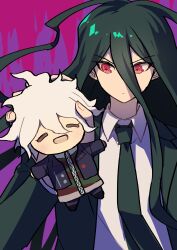Rule 34 | 2boys, black hair, black jacket, black necktie, chain, chibi, collar, collared shirt, danganronpa (series), danganronpa 2: goodbye despair, danganronpa another episode: ultra despair girls, grey hair, hair between eyes, highres, holding, jacket, kamukura izuru, komaeda nagito, long hair, long sleeves, male focus, medium hair, metal collar, multiple boys, necktie, open clothes, open jacket, pink background, red eyes, servant (danganronpa), shirt, smile, striped clothes, striped shirt, upper body, youko-shima