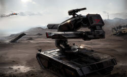 aircraft airplane avakov cloud commentary english_commentary fighter_jet fire highres humvee mecha mecha_focus military_vehicle motor_vehicle mountain no_humans non-humanoid_robot original robot science_fiction shadow sky