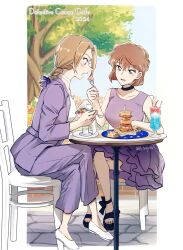 2024 2girls arm_on_table astrayin black_choker black_shoes blue_eyes blush border braid braided_ponytail brown_hair choker collarbone copyright_name crossed_arms dress food fork full_body highres holding holding_fork holding_spoon jacket long_sleeves looking_at_food low_ponytail medium_hair meitantei_conan meitantei_conan_kurogane_no_submarine miyano_shiho multiple_girls naomi_argento on_chair open_mouth outdoors pants ponytail purple_dress purple_jacket purple_pants shirt shoes short_hair sitting sleeveless sleeveless_dress spoon twitter_username white_border white_choker white_shirt white_shoes yuri