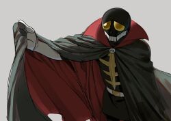 1boy belt black_boots black_cape black_ghost black_mask boots cape cyborg cyborg_009 dynamic_pose gloves highres looking_to_the_side male_focus mask red_cape skeleton_costume skull_mask two-sided_cape two-sided_fabric upper_body villain_pose white_belt white_gloves yagi_009 yellow_eyes