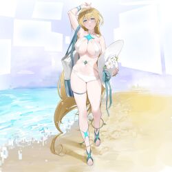 1girl aqua_eyes aqua_ribbon arm_up armpits bag beach bikini blonde_hair blue_sky blush breasts collarbone crossed_bangs day feet flower full_body hair_ornament hat hat_flower highres holding huge_breasts legs long_hair looking_at_viewer navel open_mouth outdoors phantom_of_the_kill ribbon sand sandals shadow shoulder_bag sky solo stomach sun_hat swimsuit tiferet_(phantom_of_the_kill) toenails toes unworn_hat unworn_headwear very_long_hair white_bikini white_flower xretakex