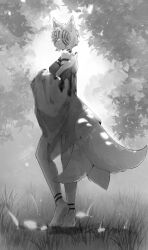 1girl absurdres akaza_(kimetsu_no_yaiba) animal_ears arm_tattoo artist_name bare_shoulders barefoot bodypaint chest_tattoo chong458 colored_eyelashes dappled_sunlight day eyelashes facial_mark facial_tattoo fox_ears fox_girl fox_tail from_side full_body genderswap genderswap_(mtf) grass greyscale haori highres japanese_clothes kemonomimi_mode kimetsu_no_yaiba leg_tattoo long_sleeves looking_at_viewer looking_to_the_side monochrome multiple_tails nature neck_tattoo nipples off_shoulder shirt short_hair slit_pupils soles solo standing sunlight tail tattoo tight_clothes tight_shirt topless_female wide_sleeves