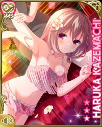 1girl arm_massage armpit_crease armpits bare_arms bare_legs bare_shoulders barefoot bra brown_hair card_(medium) character_name closed_mouth collarbone day earrings girlfriend_(kari) hair_ornament indoors jewelry kazemachi_haruka looking_at_viewer lying massage official_art on_side pink_bra pink_eyes pink_shorts qp:flapper rabbit_hair_ornament short_hair shorts smile solo tagme tassel tassel_earrings underwear