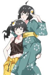 Rule 34 | 2girls, :o, ahoge, araragi karen, araragi tsukihi, bare arms, bare shoulders, black hair, black shirt, breasts, carrying, carrying person, collarbone, egg hair ornament, food-themed hair ornament, green kimono, grey eyes, hair ornament, hand on another&#039;s head, hand on own hip, hand up, highres, japanese clothes, kimono, looking at viewer, monogatari (series), multiple girls, open mouth, pants, shirt, short hair, siblings, side ponytail, simple background, sisters, sketch, small breasts, standing, sumi1424, white background, yellow pants