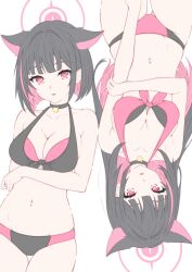 1girl alternate_costume alternate_hair_length alternate_hairstyle animal_ears arm_under_breasts armpit_crease bare_shoulders bikini black_bikini black_choker black_hair blue_archive blunt_bangs blunt_ends bob_cut breasts cat_choker cat_ears cat_girl choker cleavage collarbone colored_inner_hair commentary cowboy_shot english_commentary extra_ears front-tie_bikini_top front-tie_top gluteal_fold hair_behind_ear hair_intakes halo halterneck hand_on_own_arm highres kazusa_(blue_archive) large_breasts long_hair looking_at_viewer multicolored_bikini multicolored_hair multiple_views navel pink_bikini pink_hair pink_halo realen rotational_symmetry short_hair sidelocks simple_background skindentation stomach straight_hair swimsuit thigh_gap two-tone_bikini two-tone_hair upside-down very_long_hair white_background