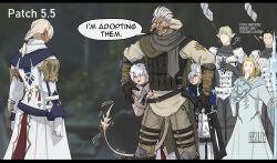 3girls 4boys :p absolem0 adoption alisaie_leveilleur allagan_tomestone alphinaud_leveilleur artist_name au_ra dark-skinned_male dark_skin elezen elf father_and_daughter father_and_son final_fantasy final_fantasy_xiv fourchenault_leveilleur highres hyur kan-e-senna multiple_boys multiple_girls pointy_ears scarf siblings staff taking_picture tongue tongue_out twins warrior_of_light_(ff14) white_hair