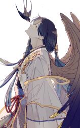 1boy adam&#039;s_apple arm_at_side bird blue_hair blue_sash braid brown_wings chinese_clothes chinese_commentary closed_eyes closed_mouth cowboy_shot facial_mark facing_up feathered_wings forehead_mark from_side grey_robe hair_behind_ear hair_ornament hanfu highres long_hair long_sleeves low_ponytail male_focus parted_bangs ponytail profile red_rope robe rope rope_belt sash see-through_clothes see-through_shawl shawl side_braid simple_background solo swallow_(bird) swallow_bun_(the_tale_of_food) tassel tassel_hair_ornament the_tale_of_food white_background white_shawl wide_sleeves wings zibiwangyourikuo