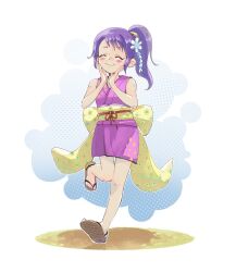 1girl ^_^ blush_stickers chewing child closed_eyes diamond_print flip-flops floral_print_sash flower food_in_mouth full_body hair_flower hair_ornament hands_on_own_cheeks hands_on_own_face hands_up highres japanese_clothes kbdoodles kimono kurozumi_tama leg_up obi one_piece pink_kimono ponytail print_sash purple_hair sandals sash short_hair short_kimono sleeveless sleeveless_kimono smile solo standing standing_on_one_leg yellow_sash