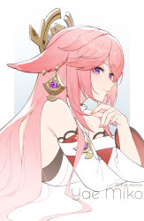 Rule 34 | 1girl, animal ears, bare shoulders, character name, detached sleeves, fox ears, genshin impact, hand up, long hair, long sleeves, looking at viewer, pink hair, purple eyes, rj (lingshih10), shirt, smile, solo, very long hair, white shirt, yae miko