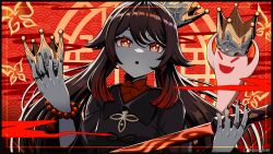 Rule 34 | 1girl, bead bracelet, beads, black nails, boo tao (genshin impact), bracelet, brown hair, chinese clothes, closed eyes, crown, crown of insight, dm (nguyen dm95), fang, genshin impact, ghost, highres, holding, holding crown, hu tao (genshin impact), jewelry, long hair, long sleeves, looking at viewer, multicolored hair, nail polish, open mouth, red background, red eyes, red hair, ring, smile, solo, staff of homa (genshin impact), symbol-shaped pupils, twintails, two-tone hair