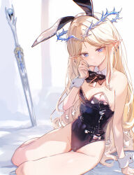 1girl absurdres animal_ear_hairband animal_ears arm_support bare_legs bare_shoulders black_bow black_bowtie black_leotard blonde_hair blue_eyes blue_nails blush bow bowtie breasts cartethyia_(wuthering_waves) closed_mouth collar commentary crown_of_thorns detached_collar earrings fake_animal_ears hairband highres jewelry legs leotard long_hair looking_at_viewer medium_breasts nail_polish planted planted_sword planted_weapon pointy_ears rabbit_ear_hairband rabbit_ears sitting solo strapless strapless_leotard sword tacet_mark_(wuthering_waves) thigh_gap thighs umamipesto very_long_hair weapon white_collar white_wrist_cuffs wrist_cuffs wuthering_waves yokozuwari