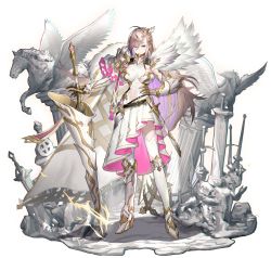 1girl ark_order armor armored_boots bandaid bandaid_on_face belt boots braid breasts cape chromatic_aberration colored_inner_hair dress expressionless faux_figurine full_body gauntlets gloves gold_trim hair_ornament hand_on_own_hip high_heel_boots high_heels highres holding holding_weapon knee_boots large_breasts long_hair looking_at_viewer multicolored_hair official_art pegasus pillar pppppan purple_hair sheath sheathed silver_hair single_knee_boot solo statue stone streaked_hair sword thighhighs torn_clothes transparent_background tyr_(ark_order) weapon weapon_request white_boots white_cape white_dress white_gloves white_thighhighs