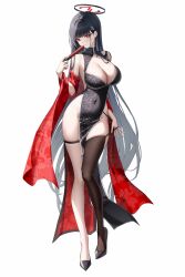1girl absurdres alternate_costume bare_shoulders black_dress black_hair black_thighhighs blue_archive blush breasts bright_pupils cleavage covered_navel dress full_body hair_ornament hairclip halo highres holding large_breasts long_hair looking_at_viewer no_panties parted_lips pelvic_curtain red_eyes rio_(blue_archive) sab_(sab2500) simple_background single_thighhigh skindentation solo standing thigh_strap thighhighs thighs very_long_hair white_background white_pupils