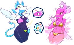 2girls 87_g0d abs bikini black_skin blush breasts cable cable_tail cat_girl colored_skin cropped_legs deltarune electric_plug furry furry_female gold_bikini heart heart_in_mouth highres large_breasts mechanical_tail miss_mizzle monster_girl multicolored_bikini multiple_girls rayman_limbs simple_background slime_girl swimsuit tail tasque_manager toned toned_female yuri