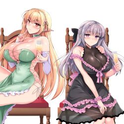 Rule 34 | 2girls, alcohol, black bow, black ribbon, blonde hair, blood, blood on clothes, blue eyes, blush, bow, braid, breasts, chair, choker, cleavage, cocktail dress, crossed bangs, crown braid, cup, detached sleeves, dress, drinking, drinking glass, elf, flower, frilled dress, frills, green choker, green dress, grey hair, hair flower, hair ornament, highres, huge breasts, large breasts, long hair, multiple girls, ninoko, original, pink bow, pink sash, pointy ears, ribbon, sakurase shino (ninoko), sash, side-tie dress, sitting, sylpha (ninoko), wine, wine glass, yellow eyes