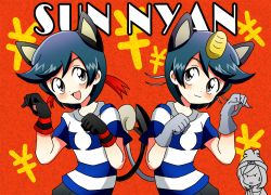 1boy 1girl :3 :d alolan_form alolan_meowth alolan_meowth_(cosplay) amulet_coin angry animal_ears animal_hands bad_id bad_pixiv_id bag beanie black_eyes black_gloves black_hair black_shorts blush cat_ears cat_paws cat_tail claws coin cosplay creatures_(company) fake_animal_ears fake_tail game_freak gen_1_pokemon gen_7_pokemon gloves gold grey_gloves handbag hat koban_(gold) leaning_forward litten litten_(cosplay) looking_away looking_to_the_side meowth meowth_(cosplay) nintendo open_mouth parted_bangs paw_pose poke_ball_theme pokemon pokemon_adventures red_background selene_(pokemon) shirt short_hair short_sleeves shorts smile standing strap striped_clothes striped_gloves striped_shirt sweatdrop t-shirt tail tareme text_focus tongue whiskers yatsuhashi_otogi yen_sign