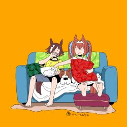 Rule 34 | 2girls, :t, animal ears, animalization, aston machan (umamusume), barefoot, brown hair, closed mouth, commentary request, couch, daiwa scarlet (umamusume), dog, dress, eating, food, full body, hair over one eye, horse ears, horse girl, horse tail, long hair, multiple girls, onikobe rin, open mouth, orange background, ottoman (furniture), pillow, shirt, short hair, simple background, sitting, tail, twintails, umamusume, vodka (umamusume), white dress, yellow shirt, | |