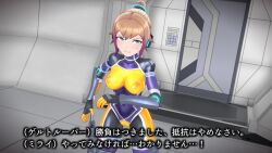 Rule 34 | 1girl, 3d, agent mirai, blender (medium), blue eyes, bodysuit, breasts, brown hair, covered erect nipples, covered navel, hallway, hexagon print, highres, impossible bodysuit, impossible clothes, large breasts, mirai (agent mirai), nipples, ponytail, skin tight, solo, umaaji lady mk2, yellow bodysuit