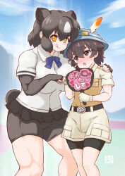 1boy 1girl :p animal_ears bear_ears bear_girl bear_tail bike_shorts bike_shorts_under_shorts bike_shorts_under_skirt black_gloves black_skirt blue_bow blue_bowtie blue_hat blush bow bowtie brown_bear_(kemono_friends) brown_eyes brown_hair brown_shirt bucket_hat captain_(kemono_friends) collared_shirt cowboy_shot elbow_gloves extra_ears fingerless_gloves fist_bump gloves grey_shirt grey_shorts hair_between_eyes hand_fan hat height_difference highres jacket kemono_friends kemono_friends_3 looking_at_another looking_up multicolored_hair muscular muscular_female orange_eyes paper_fan pariparifromage pleated_skirt safari_jacket shirt short_hair short_sleeves shorts sidelocks skirt t-shirt tail tongue tongue_out translation_request two-tone_hair two-tone_shirt white_hair white_shirt