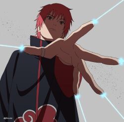 Rule 34 | 1boy, akatsuki uniform, black cloak, cloak, closed mouth, commentary, frown, grey background, highres, jewelry, long sleeves, looking at viewer, male focus, naruto (series), naruto shippuuden, outstretched hand, pinoko (pnk623), puppet strings, red hair, ring, sasori (naruto), short hair, solo, twitter username, upper body