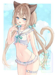 1girl animal_ears aqua_bow aqua_bowtie arm_behind_back bikini blue_eyes blue_nails blue_sky border bow bowtie brown_hair cat_ears cat_girl cat_tail commentary commission cowboy_shot dot_nose fang finger_to_mouth frilled_bikini frilled_sailor_collar frills hair_bow highleg highleg_bikini highres long_hair looking_at_viewer navel open_mouth original sailor_collar sidelocks skeb_commission skin_fang sky smile solo suineco swimsuit symbol-only_commentary tail thigh_strap twintails very_long_hair watermark white_bikini white_border white_sailor_collar
