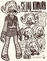 ... 1girl absurdres angry character_name danganronpa_(series) danganronpa_3_(anime) dated doodle_inset english_text eyelashes flying_sweatdrops full_body gloves greyscale hair_over_one_eye hatching_(texture) highres josh-s26 kimura_seiko long_sleeves mask medium_hair monochrome mouth_mask multiple_views shoes signature simple_background speech_bubble standing veins white_background