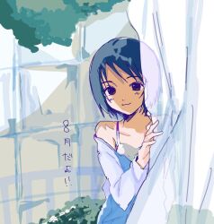 Rule 34 | :3, august, bare shoulders, behind curtains, black hair, blue jacket, blush, bob cut, breasts, brown eyes, bush, camisole, closed mouth, covered collarbone, curtains, foliage, jacket, light blush, light smile, long sleeves, looking at viewer, love 18s2, nakahara misaki, nhk ni youkoso!, off shoulder, peeking out, raglan sleeves, short hair, sketch, small breasts, smile, standing, swept bangs, translated, tree, upper body, white background, white camisole, window