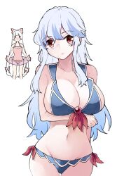 2girls adapted_costume alternate_costume arm_under_breasts bikini blue_bikini blue_hair blunt_bangs blush bow breasts casual_one-piece_swimsuit cleavage closed_eyes collarbone commentary_request cowboy_shot deetamu fujiwara_no_mokou groin hair_bow highres kamishirasawa_keine large_breasts looking_at_viewer multicolored_hair multiple_girls multiple_hair_bows navel one-piece_swimsuit pink_innertube pink_one-piece_swimsuit red_eyes simple_background stomach swimsuit touhou two-tone_hair white_background white_hair |_|