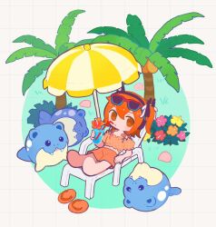 Rule 34 | 1girl, a.i. voice, adachi rei, alternate costume, barefoot, chair, cup, drinking straw, eyewear on head, flower, gen 3 pokemon, highres, holding, holding cup, lounge chair, nintendo, one side up, orange eyes, orange hair, orange shirt, orange shorts, palm tree, parasol, pokemon, pokemon (creature), s1ho (ukiy0u0), sandals, shirt, short sleeves, shorts, solo, spheal, sunglasses, tree, umbrella, unworn sandals, utau