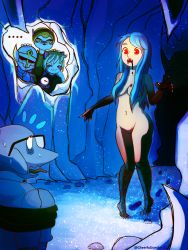 blood blood_on_hands blue_hair bound cat_girl cheerfuljonsku dirty dots blood_drip footprints glasses goblin goblin_tinkerer_(terraria) highres ice ice_cave lost_girl_(terraria) monster_girl red_eyes silver_armor stone terraria tied_up