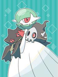 banette bob_cut colored_skin dress duskull gardevoir gen_3_pokemon green_background green_hair hair_over_one_eye highres kumo_o_o looking_at_viewer mega_gardevoir mega_pokemon nintendo pokemon pokemon_(creature) red_eyes striped_background white_dress white_skin
