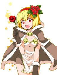 Rule 34 | 1girl, :d, blonde hair, breasts, brown cape, brown dress, brown gloves, cape, cleavage, commentary request, cowboy shot, dress, flower, fur-trimmed cape, fur-trimmed gloves, fur trim, gloves, hair flower, hair ornament, hairband, high wizard (ragnarok online), kurumizawa taroh, looking at viewer, medium breasts, open mouth, ragnarok online, red eyes, red flower, red hairband, short dress, short hair, simple background, smile, solo, star (symbol), two-tone dress, white background, white dress