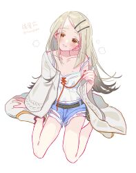 Rule 34 | 1girl, arm support, bare legs, blonde hair, blush, camisole, colored eyelashes, commentary, denim, denim shorts, earrings, fingernails, flipped hair, full body, gakuen idolmaster, gradient hair, grey hair, head tilt, highres, idolmaster, jewelry, long hair, looking at viewer, multicolored hair, orange eyes, robe, rope belt, shinosawa hiro, shoes, short shorts, shorts, simple background, sitting, solo, strap slip, stud earrings, sweat, tamagogayu1998, translation request, twitter username, very long hair, wariza, white background, white camisole, white robe, white shoes