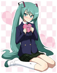 1girl blazer blue_jacket blush box checkered_background collared_shirt gift gift_box green_eyes green_hair green_skirt hatsune_miku holding holding_box holding_gift jacket long_hair looking_at_viewer nel-c plaid_clothes plaid_skirt school_uniform seiza shirt shoes simple_background sitting skirt socks solo twintails uwabaki valentine very_long_hair vocaloid white_shirt white_socks