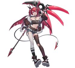 1girl :d ahoge asymmetrical_gloves asymmetrical_legwear bandeau bare_shoulders belt belt_buckle black_choker black_gloves black_jacket black_thighhighs blue_eyes blue_shorts boots breasts brown_jacket buckle chain chain_necklace choker claw_pose collarbone crop_top cutoffs demon_girl demon_horns demon_tail demon_wings denim denim_shorts emika_(starward) exposed_pocket fang fangs fingernails full_body fur-trimmed_jacket fur_trim garter_straps gloves hair_between_eyes hair_ornament hairclip hand_on_own_hip hand_up holding holding_scythe horns jacket jewelry long_hair long_sleeves looking_at_viewer micro_shorts midriff mismatched_legwear nail_polish navel necklace off_shoulder official_art open_clothes open_jacket open_mouth pantyhose red_hair scythe sharp_fingernails sharp_teeth shoes short_shorts shorts simple_background single_garter_strap single_glove single_leg_pantyhose single_thighhigh skindentation small_breasts smile solo spikes standing starward stomach stomach_tattoo strapless tachi-e tail tattoo teeth thighhighs thighs torn_clothes torn_pantyhose torn_thighhighs transparent_background tube_top twintails uneven_legwear virtual_youtuber weapon white_background white_belt white_thighhighs wings x_hair_ornament zipper zipper_pull_tab