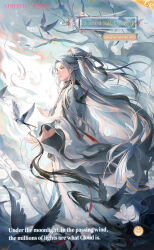 Rule 34 | 1boy, animal, artist request, bare tree, bird, black hair, black hanfu, chinese clothes, day, expressionless, feet out of frame, floating clothes, floating hair, flower, grey eyes, grey hair, hanfu, high ponytail, highres, light frown, light particles, lips, long hair, looking to the side, lotus, male focus, multicolored hair, nikki (series), official art, outdoors, outstretched hand, parted lips, pointy nose, ponytail, robe, scroll, second-party source, shining nikki, solo, streaked hair, swallow (bird), thousand-year cloudmist (shining nikki), tiara, tree, two-tone hair, very long hair, wenren dian, white flower, white robe