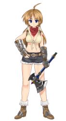 1girl ahoge artist_request axe bandana belt black_shorts blacksmith_(ragnarok_online) blue_eyes boots breasts brown_belt brown_boots brown_gloves brown_hair brown_shirt cleavage closed_mouth collared_shirt crop_top expressionless fingerless_gloves fingernails full_body gauntlets gloves heart heart_tattoo holding holding_axe large_breasts large_variant_set long_hair looking_at_viewer navel official_art ragnarok:_guild_masters ragnarok_online red_bandana shirt short_shorts shorts shoulder_tattoo simple_background sleeveless sleeveless_shirt solo standing tattoo thumb_in_beltline tied_shirt transparent_background variant_set