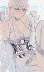 1girl absurdres animal bare_shoulders blonde_hair blue_eyes blush bra clothes_lift dated ecomoesty elbow_gloves exposed_internal_machinery gloves highres mechabare original snake thighhighs underwear white_background white_bra white_gloves white_thighhighs