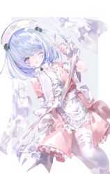 1girl absurdres apron back_bow blue_hair blue_nails bow clipboard collared_dress commentary dress frilled_apron frills hat highres holding holding_clipboard holding_syringe legwear_garter medium_hair nurse nurse_cap one_eye_closed open_mouth original petticoat pink_dress pink_eyes shiratsuyu_mone smile solo symbol-only_commentary syringe thighhighs two_side_up waist_apron white_apron white_arm_warmers white_bow white_hat white_thighhighs