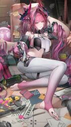 +_+ 1girl absurdres arknights arknights:_endfield ass bandeau bare_shoulders black_bandeau black_gloves black_horns breasts commentary_request cone_hair_bun crop_top demon_girl demon_horns detached_sleeves diamond_in_eye fang feet gloves hair_bun hair_intakes highres horns large_breasts looking_at_viewer marker midriff multicolored_horns navel nopetroto pants paper pink_gloves pink_hair pink_horns pink_sleeves pink_tube_top pointy_ears see-through_clothes see-through_sleeves skin_fang smile soles solo stirrup_legwear stomach strapless toeless_legwear toes tube_top two-tone_gloves two-tone_horns white_pants yvonne_(arknights)