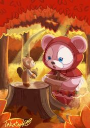 1boy 1girl animal_ears basket duffy_and_friends duffy_the_disney_bear forest highres holding leaf looking_at_viewer maple_leaf maple_tree nature red_hood shelliemay shirt standing stuffed_animal stuffed_toy takatmaorange tears teddy_bear tree
