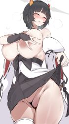 1girl absurdres asymmetrical_legwear bare_shoulders black_hair black_panties black_skirt blue_archive blush breasts bridal_gauntlets broken_horn closed_eyes clothes_lift covering_breasts covering_privates detached_sleeves earrings gradient_horns halo hetima0112 highres hoop_earrings horns japanese_clothes jewelry large_breasts lifting_own_clothes micro_panties mole mole_under_eye multicolored_horns niya_(blue_archive) orange_horns panties partially_visible_vulva short_hair simple_background single_bridal_gauntlet skirt skirt_lift solo topless_female underwear white_background
