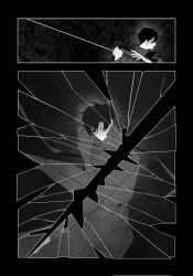 1boy benkdjjituibot black_background black_coat black_hair broken_glass coat faceless glass greyscale highres holding holding_sword holding_weapon imminent_attack inset_border looking_at_viewer male_focus monochrome multiple_views omniscient_reader&#039;s_viewpoint popped_collar short_hair slashing sword weapon yoo_joonghyuk