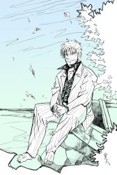 1boy akagi akagi:_yami_ni_oritatta_tensai akagi_shigeru blue_background fukumoto_mahjong full_body male_focus monochrome nature outdoors plant simple_background sky solo ten_(manga)