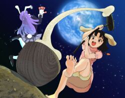 2girls 3735geriragouki animal_ears bare_arms bare_legs barefoot black_hair brown_eyes carrot carrot_necklace clothing_cutout dress dutch_angle earth_(planet) fisheye floppy_ears food foot_up from_below highres holding holding_mallet inaba_tewi injury jacket jewelry jumping kine long_hair long_sleeves mallet medium_hair mochi mochitsuki moon mortar_(bowl) multiple_girls necklace open_mouth pain pendant pink_dress planet purple_hair rabbit_ears rabbit_girl rabbit_tail reisen_udongein_inaba short_sleeves skirt sky smile soles standing standing_on_one_leg star_(sky) starry_sky tail tail_through_clothes toes touhou v-shaped_eyebrows very_long_hair