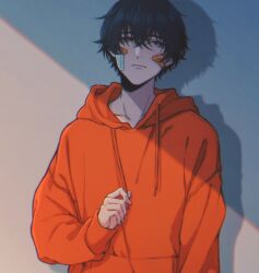 1boy against_wall bandaid bandaid_on_cheek bandaid_on_face black_hair black_pants blue_eyes closed_mouth collarbone commentary hair_between_eyes highres hood hoodie looking_at_viewer male_focus moxamog orange_hoodie original pants shaded_face shadow short_hair sleeves_past_wrists solo symbol-only_commentary upper_body